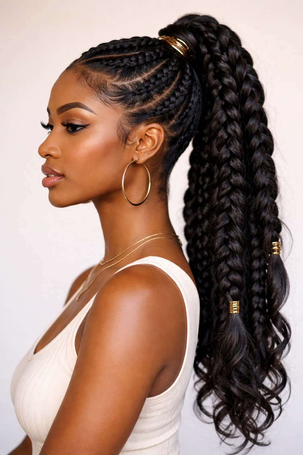 Thick goddess braids gathered into a bold high ponytail