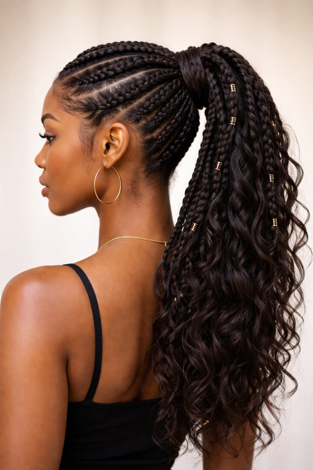 Goddess braids wrapped into a polished ponytail