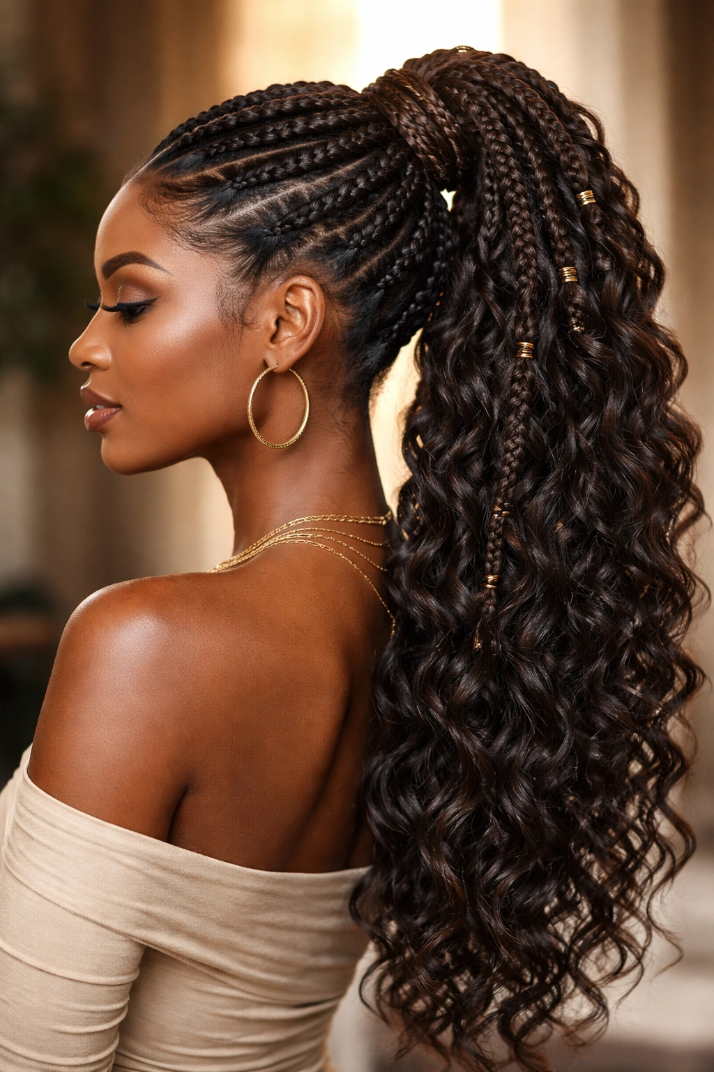 Goddess Braid Ponytail: thick, voluminous goddess braids in a ponytail