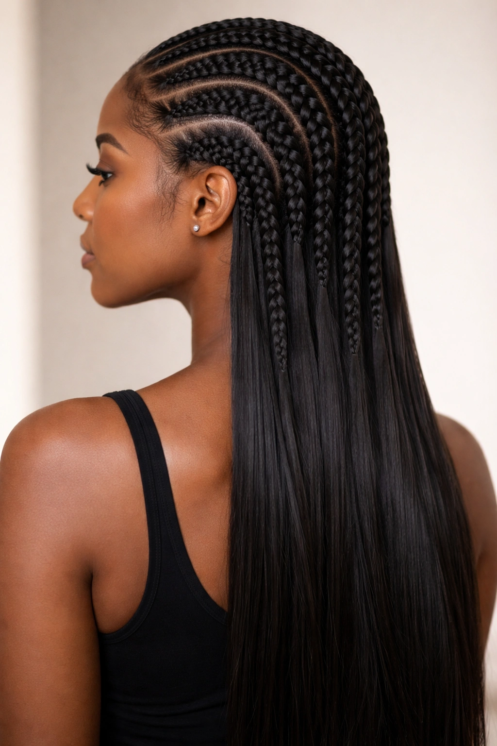 Close-up of goddess braids straightened into a sleek glossy look
