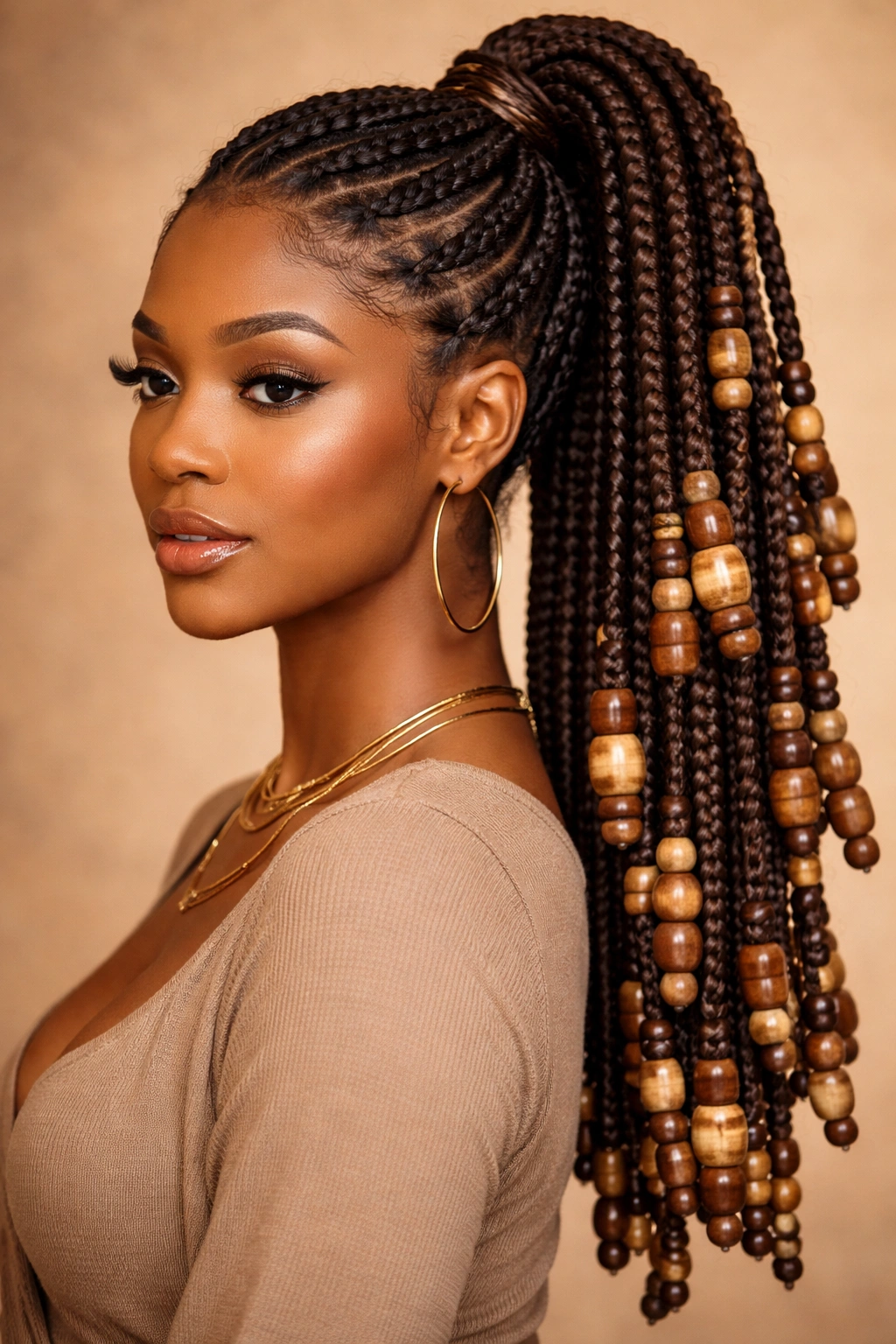 Goddess braids into a ponytail with wooden beads