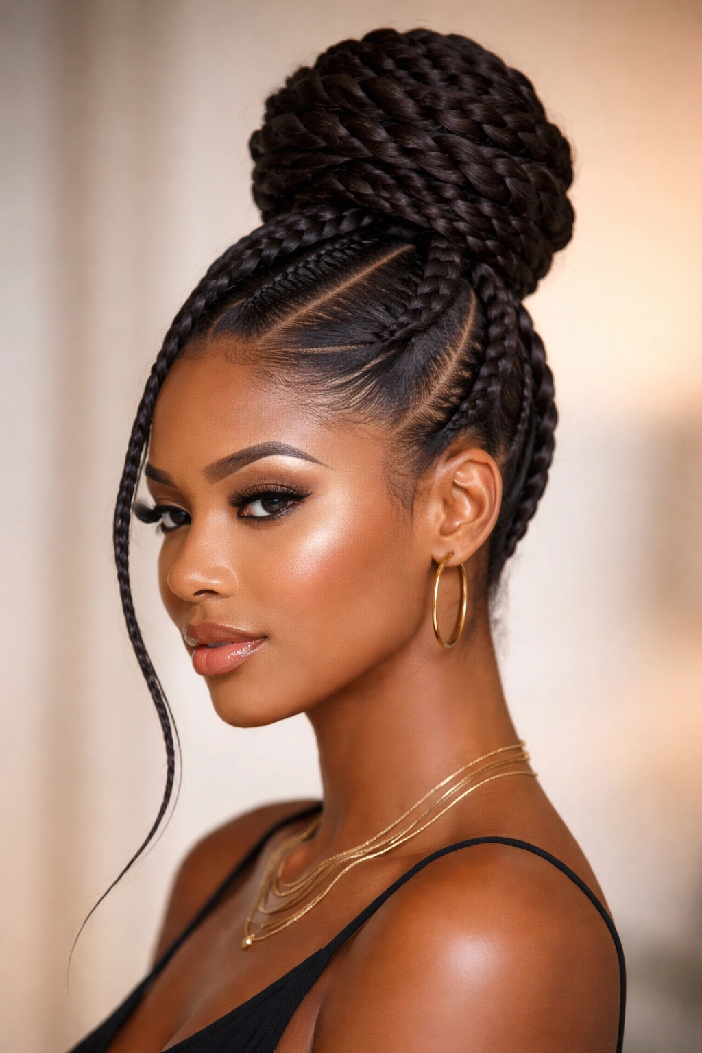 Ultra-high bun formed by wrapped thick cornrows around the head.