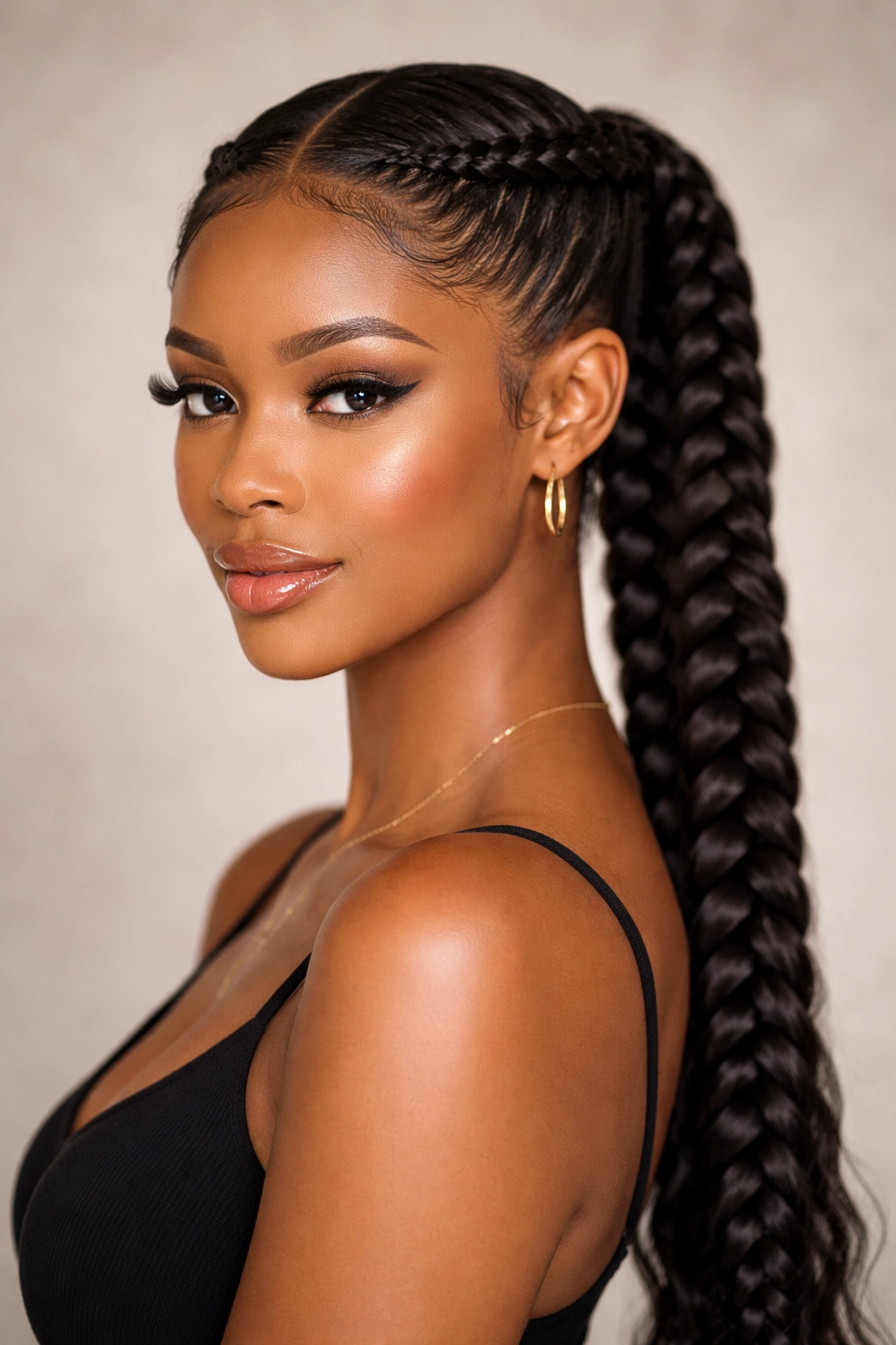 Portrait of a goddess crown braided ponytail with two crown braids framing the face