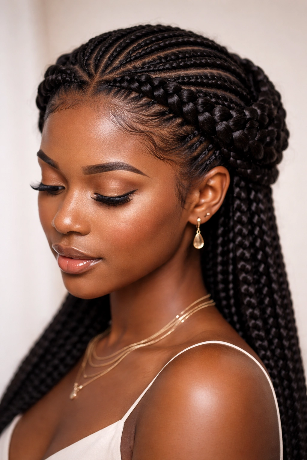 Goddess crown feed-in cornrows forming a halo around the head