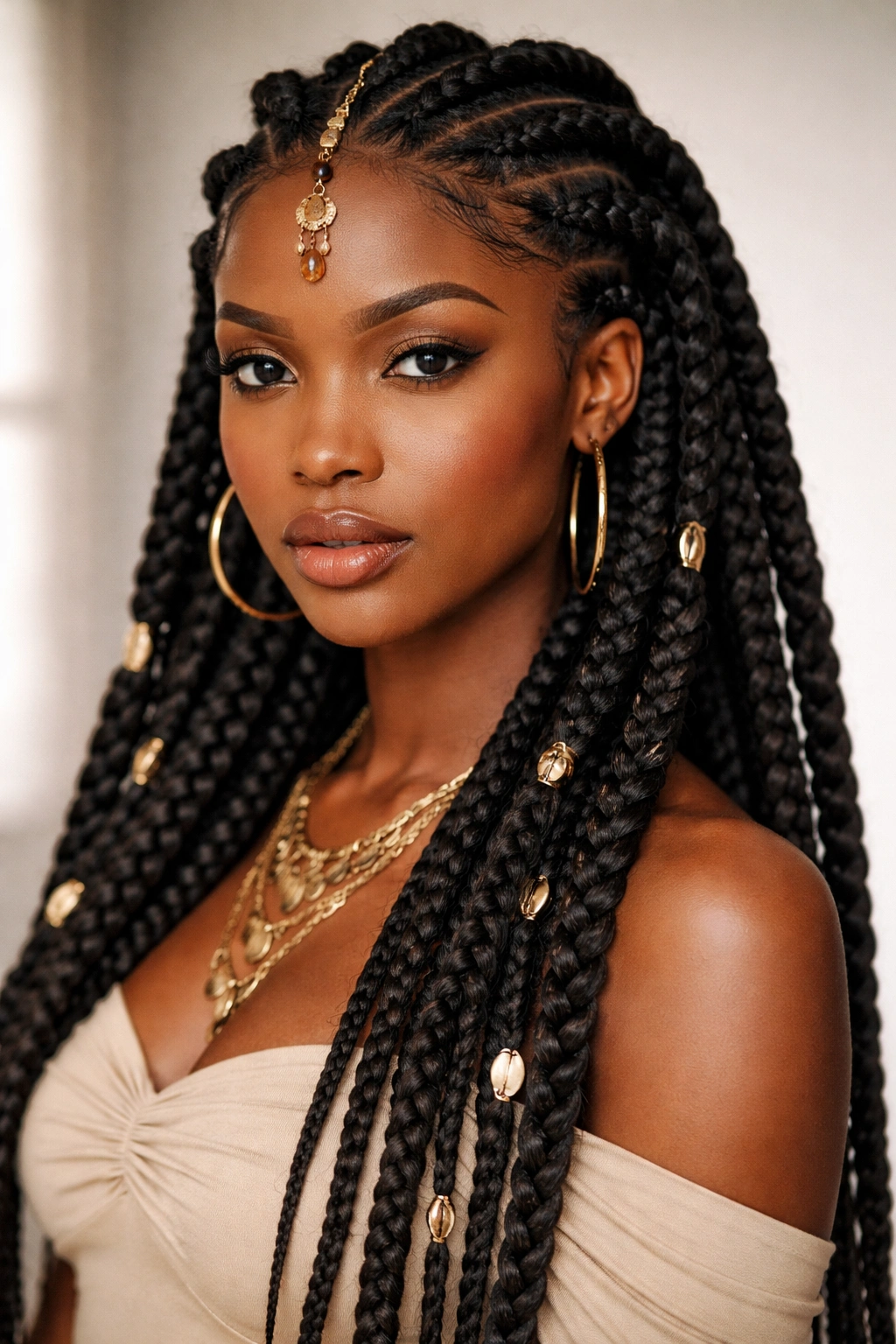 Front-facing view of Goddess Fulani Braids with thick, voluminous braids