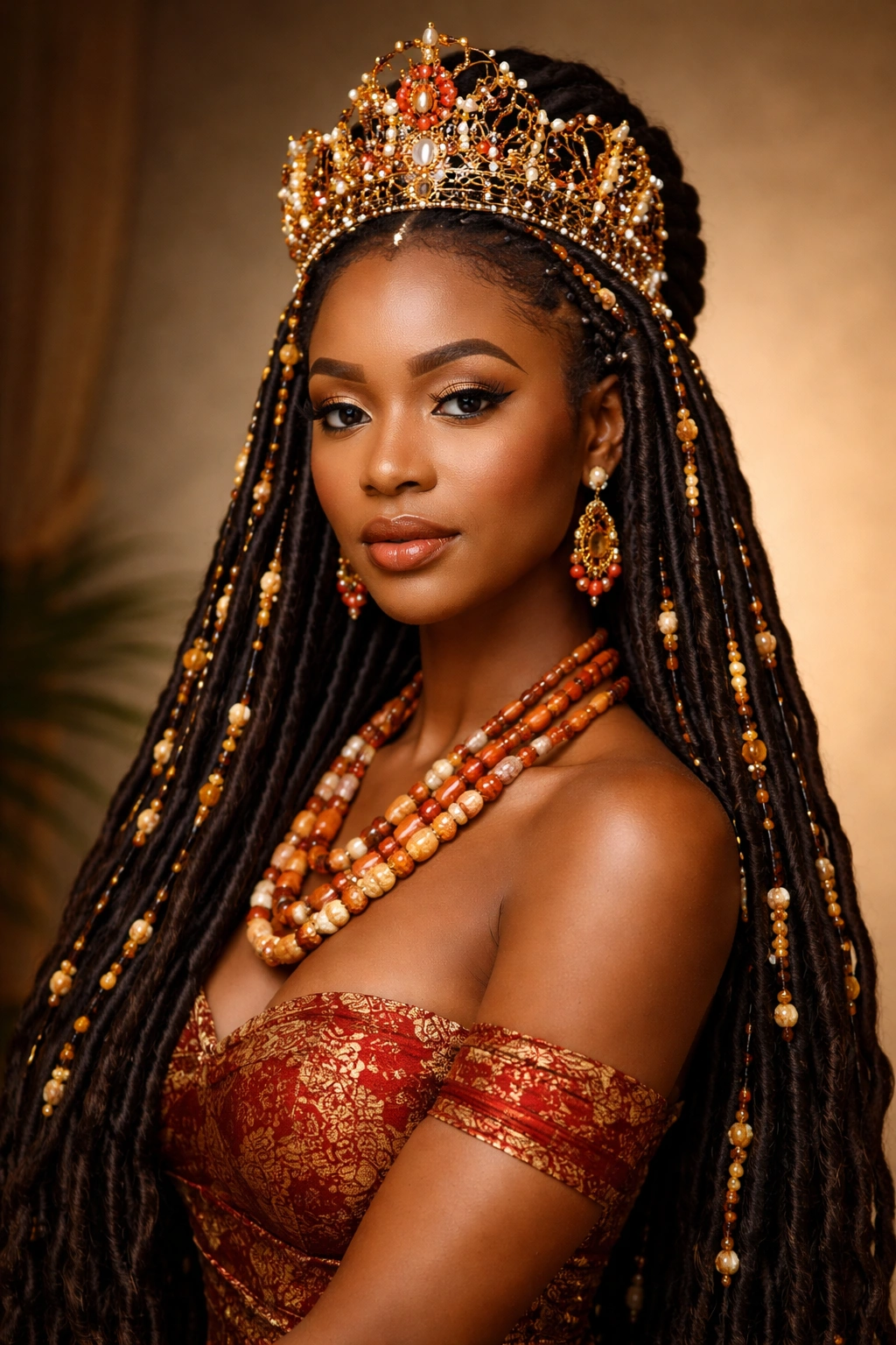 Long locs with beaded crown adornments forming regal Igbo goddess look