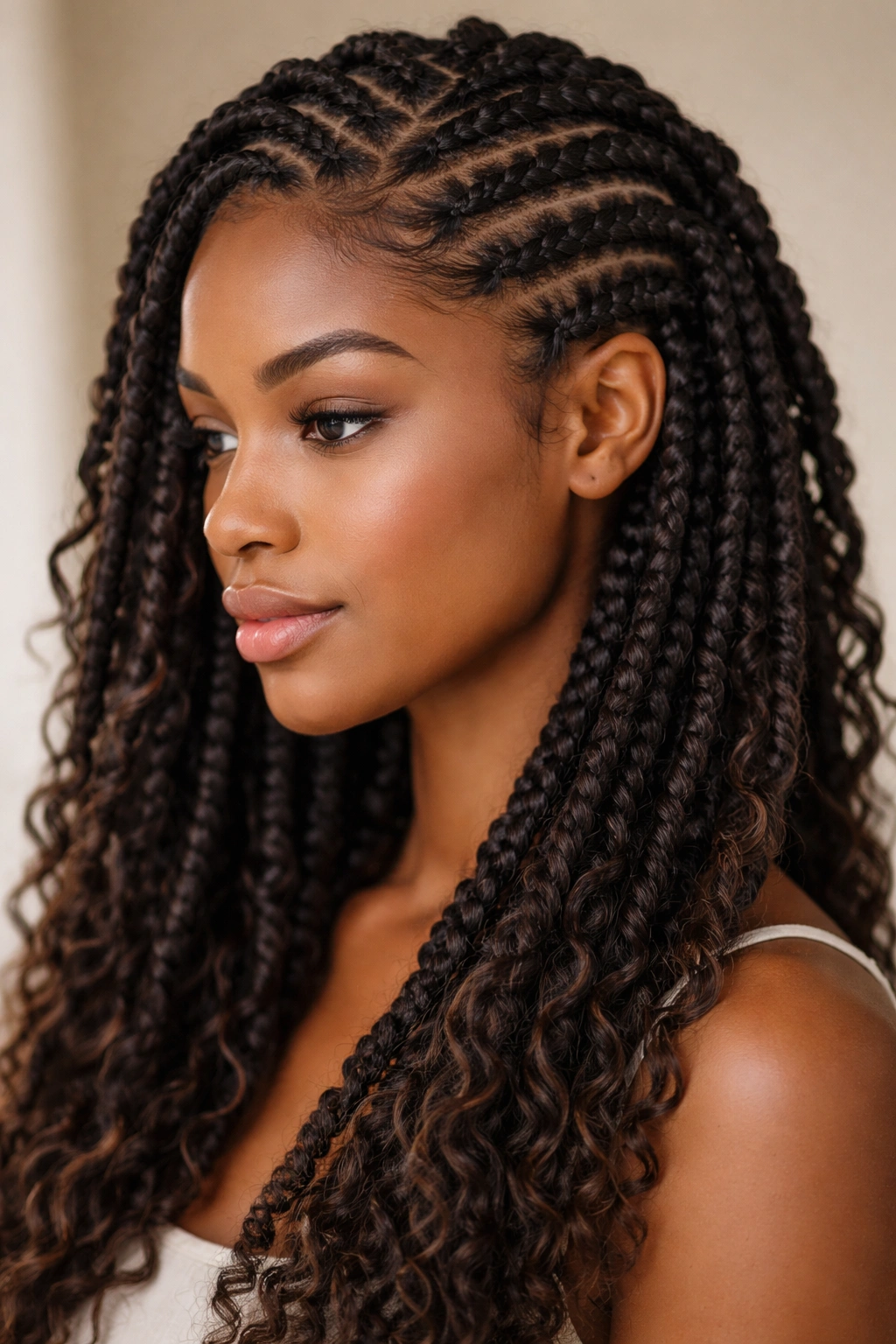 Goddess locs inspired cornrows with textured, voluminous sections