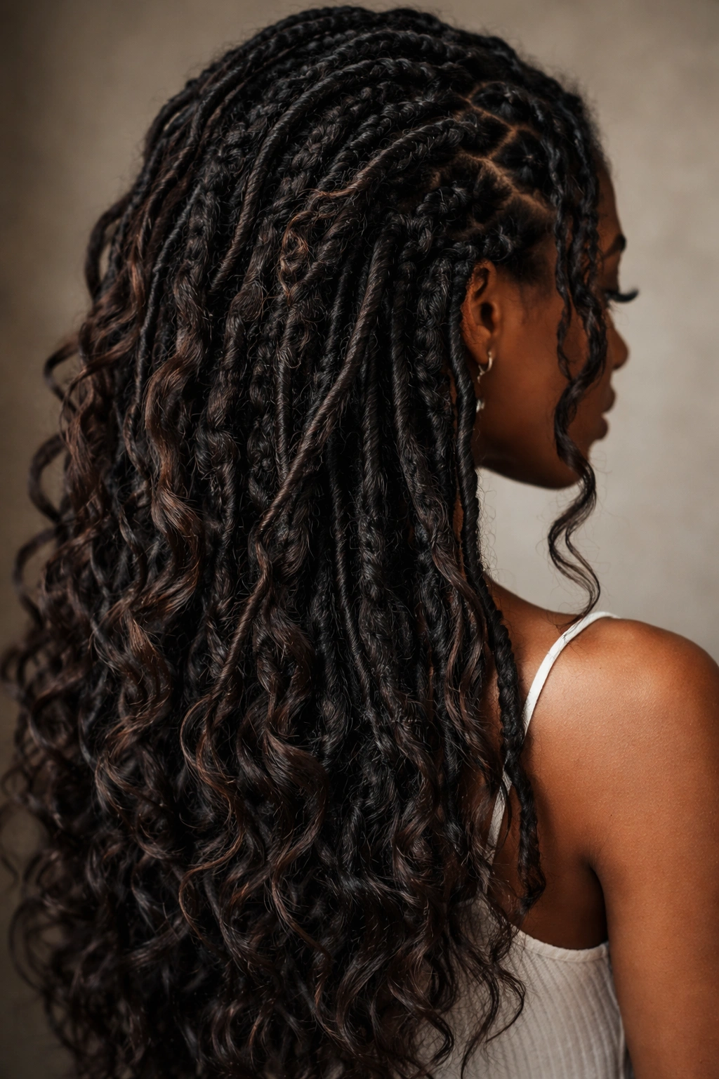 Close-up of goddess locs with natural coils peeking at the roots on dark hair