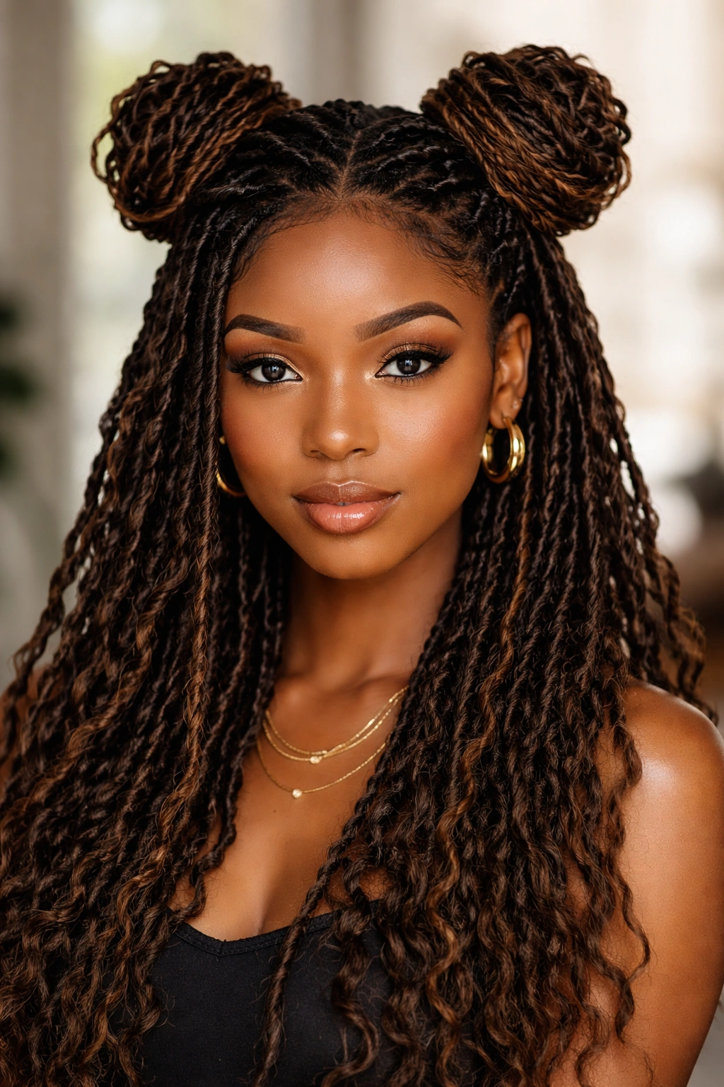 Goddess locs space buns with textured twists forming crown buns