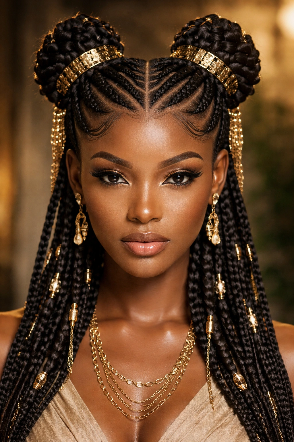 Goddess-inspired feed-in space buns with geometric cornrow patterns and beads