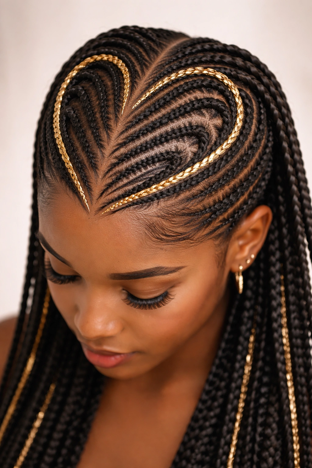 Heart-shaped cornrows with metallic gold accents along the outline