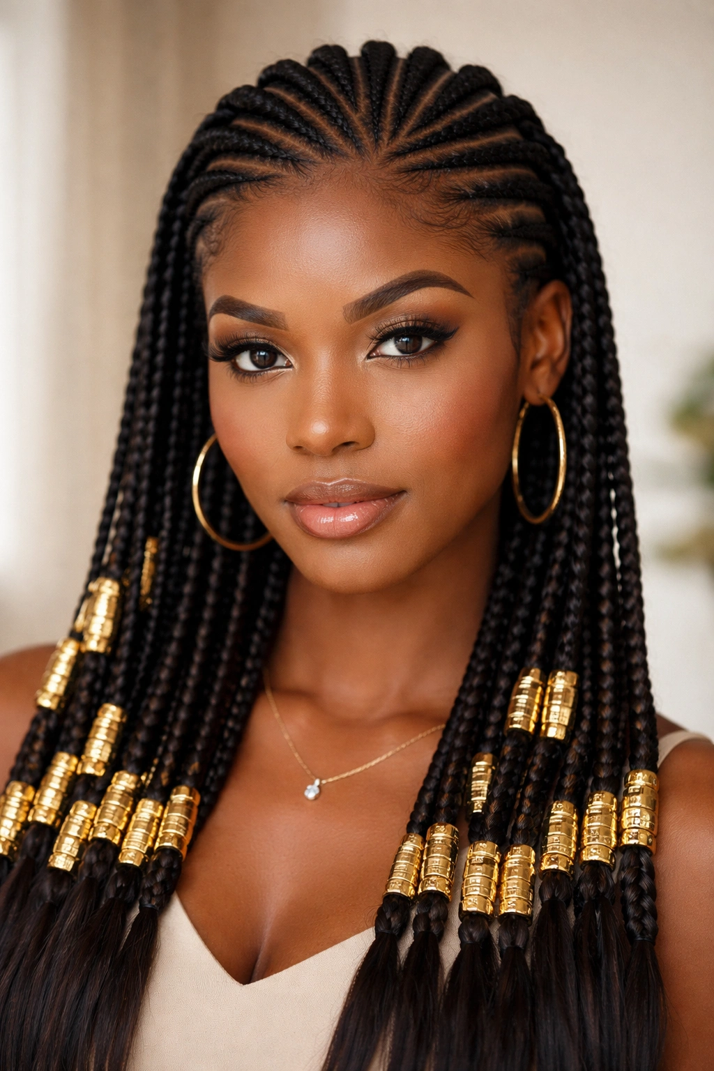 Close-up of classic gold bead feed-in cornrows with sparkling beads.