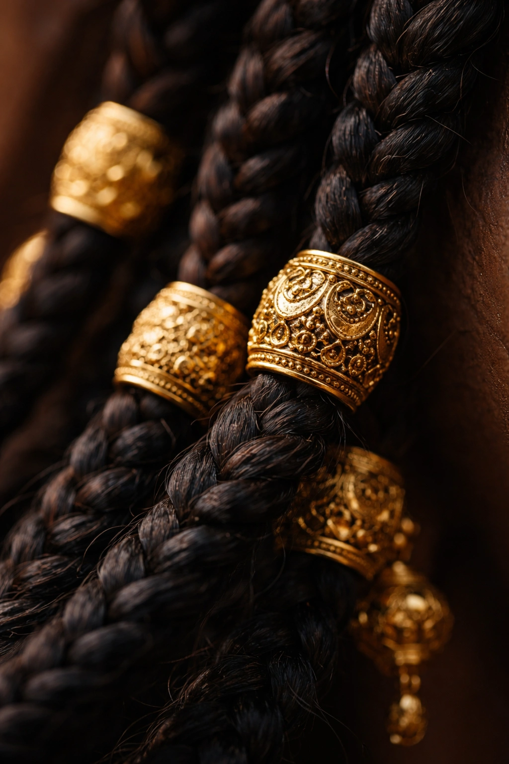 Close-up of gold-plated beads with ornate detailing on a Fulani braid.