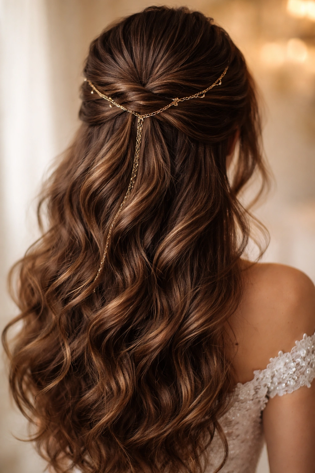 Close-up of thick hair with volume and a gold chain woven through the half-up twist