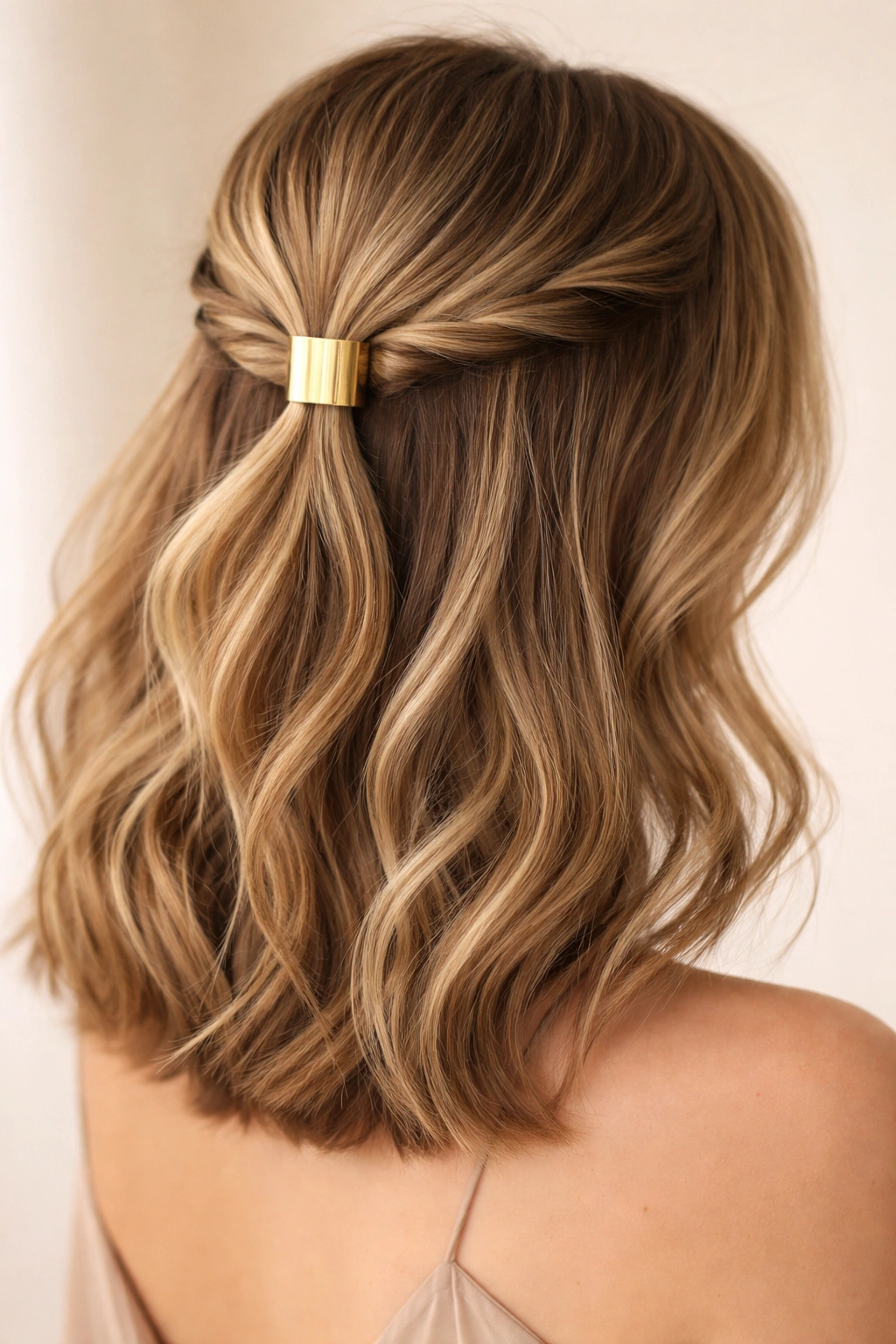 Twisted half-up with gold hair cuff at crown
