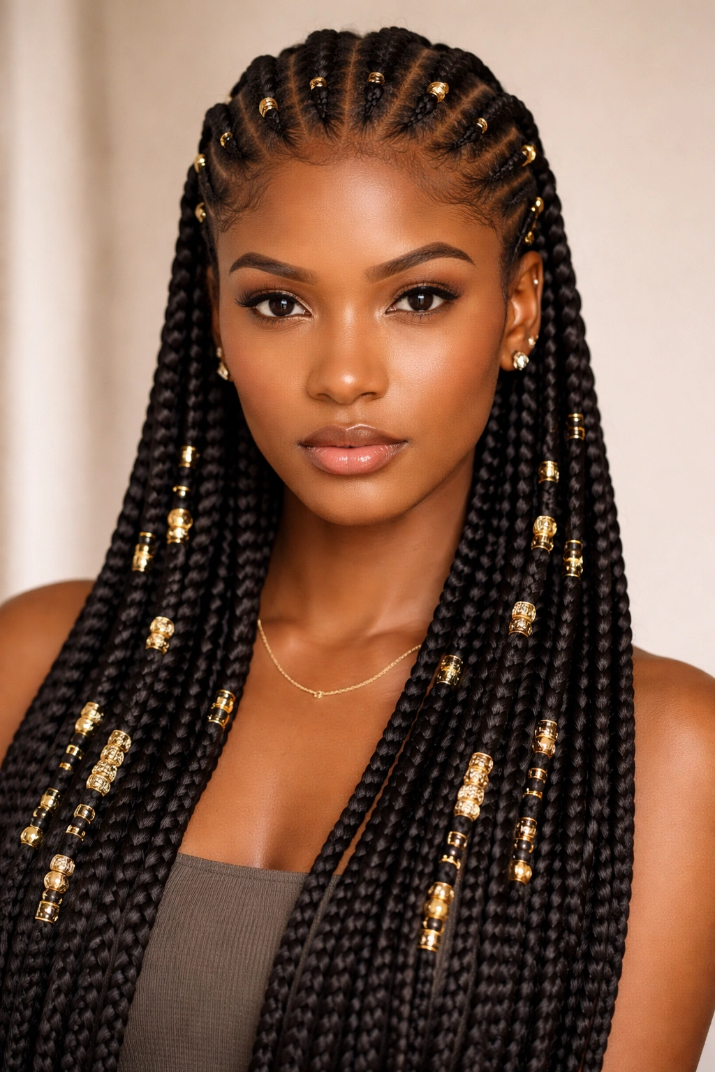 Straight-back cornrows with gold cuffs and beads