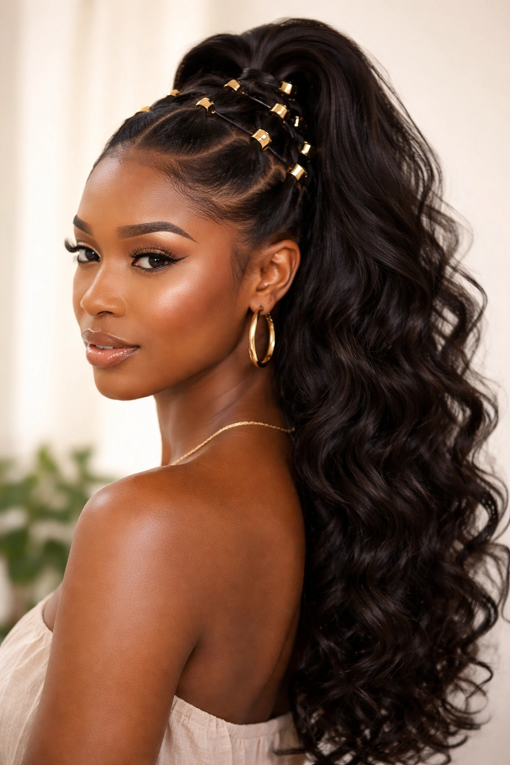 Half Up with Gold Cuffs and Rings showing metallic hair accessories catching light