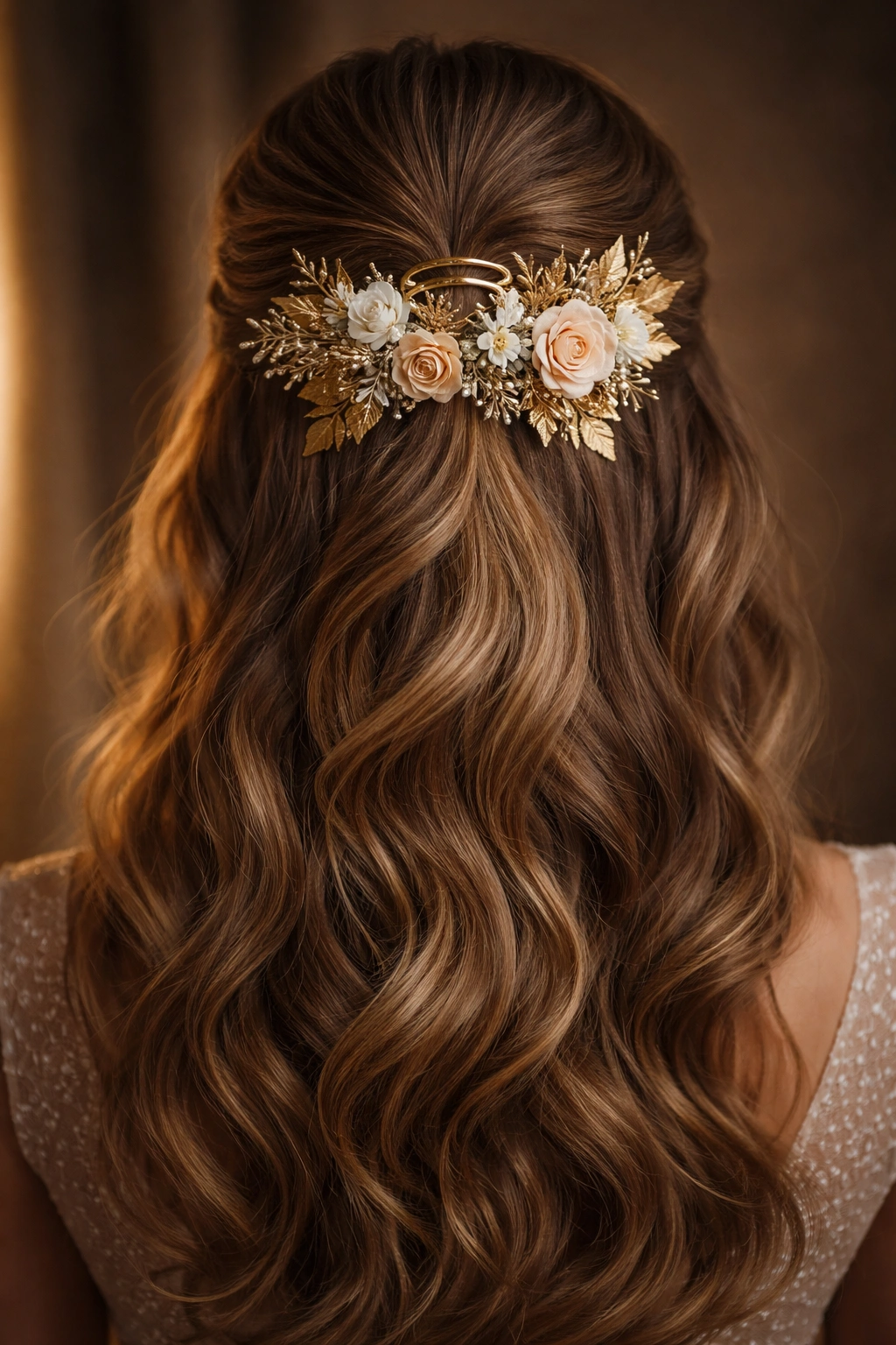 Gold leaf foliage woven with flowers in a glamorous half-up hairstyle