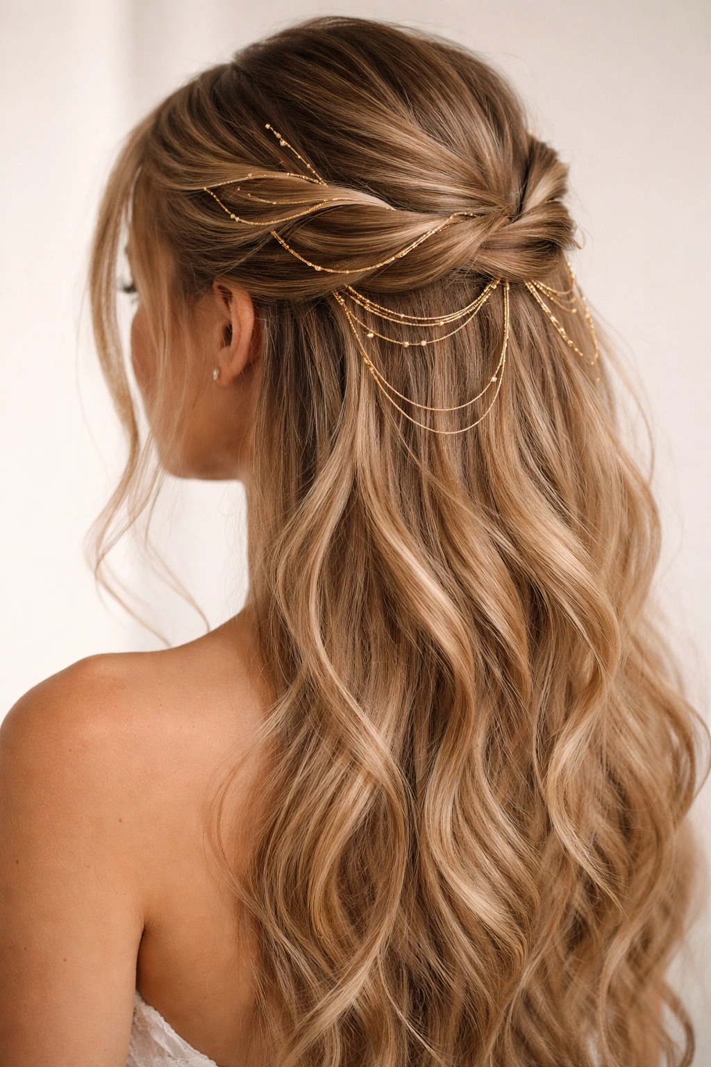 Close-up of half-up hairstyle with delicate gold wires woven through.