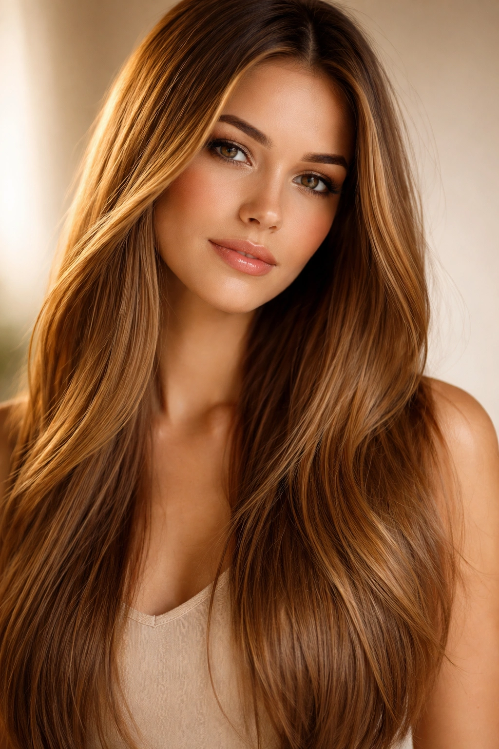 Golden brown straight hair with sun-kissed warmth and caramel undertones