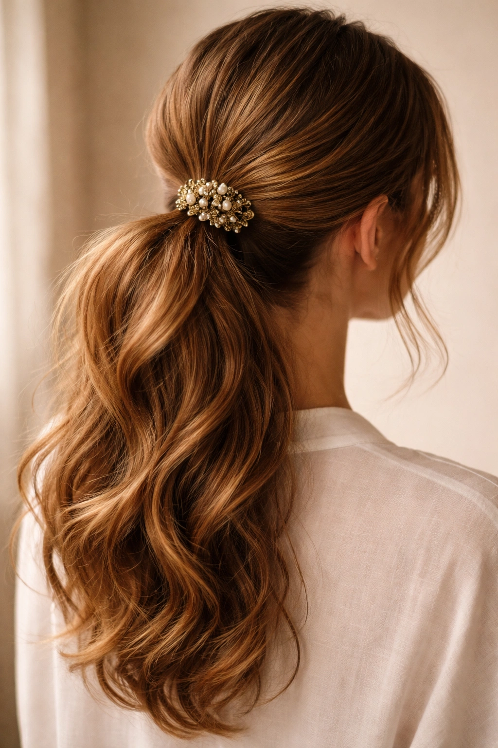 Golden brown ponytail with vintage clip