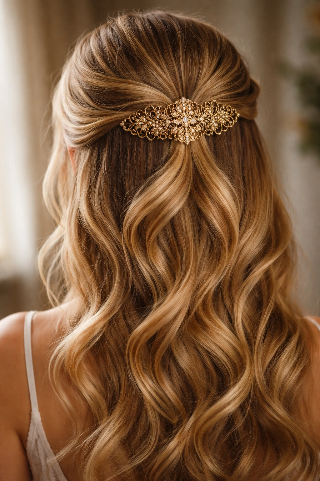 Half-up twist secured by a golden filigree comb with intricate metalwork