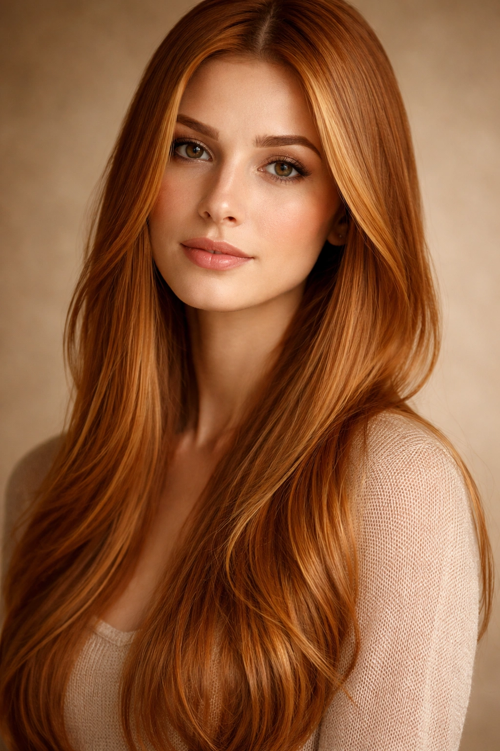 Close-up portrait of a person with straight Golden Honey Ginger hair under warm studio lighting