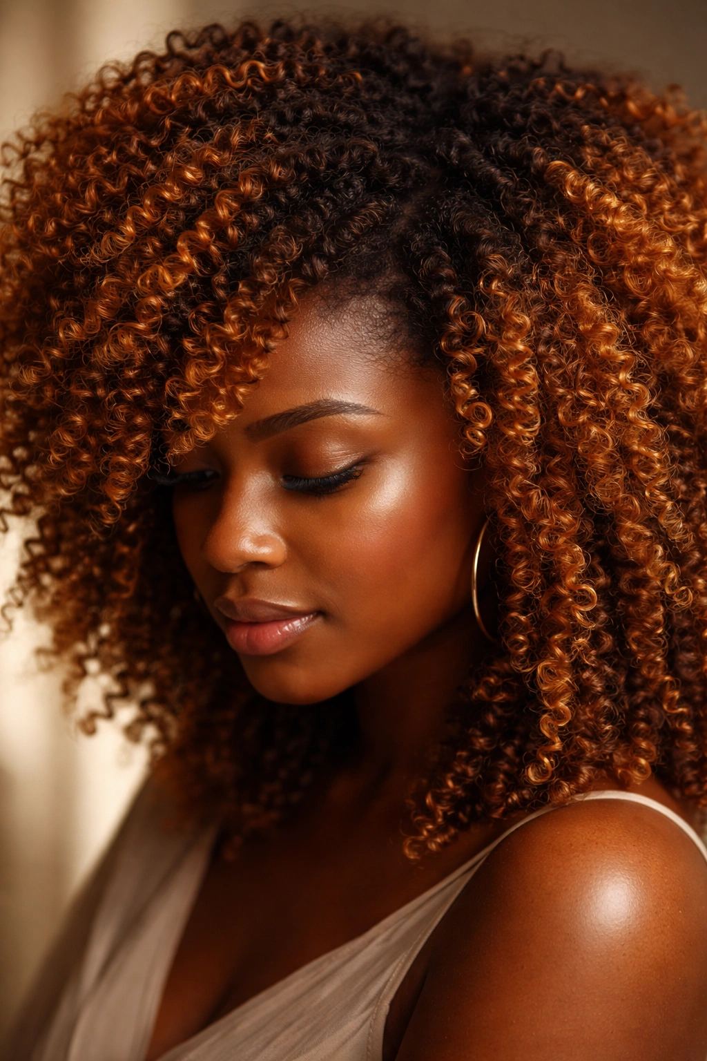 Close-up of natural coily hair dyed golden ochre showing warm dimensional tones