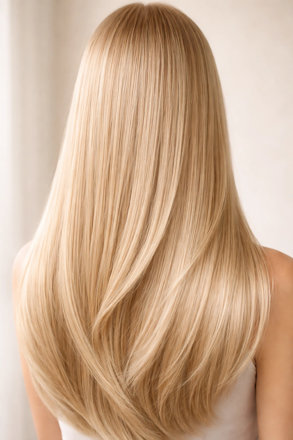 Close-up of straight hair in golden platinum with warm champagne glow.