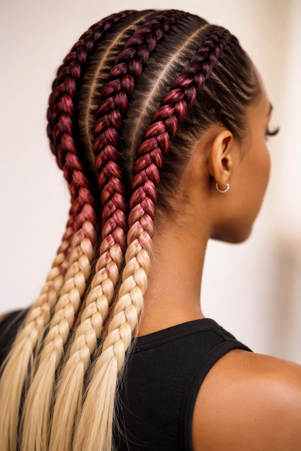 Close-up of three gradient-colored cornrow braids on the scalp