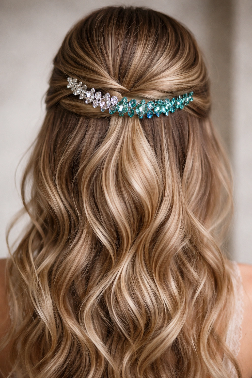 Close-up of gradient multi-stone pins in a half-pinned hairstyle