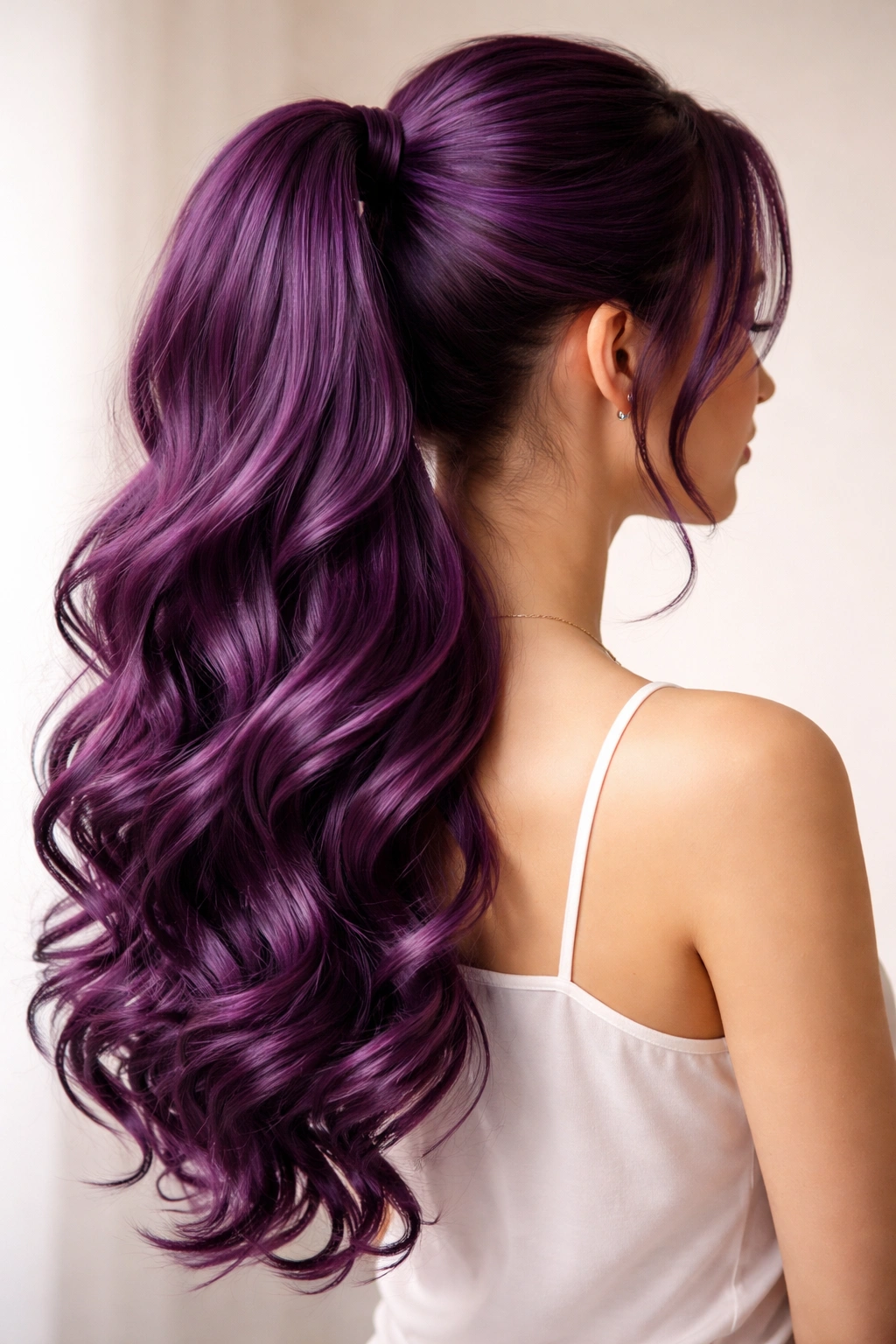 Grape purple curled ponytail with defined curls catching light