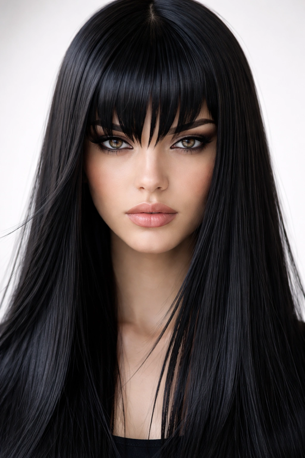 Front view of jet-black hair with razor-sharp graphic bangs