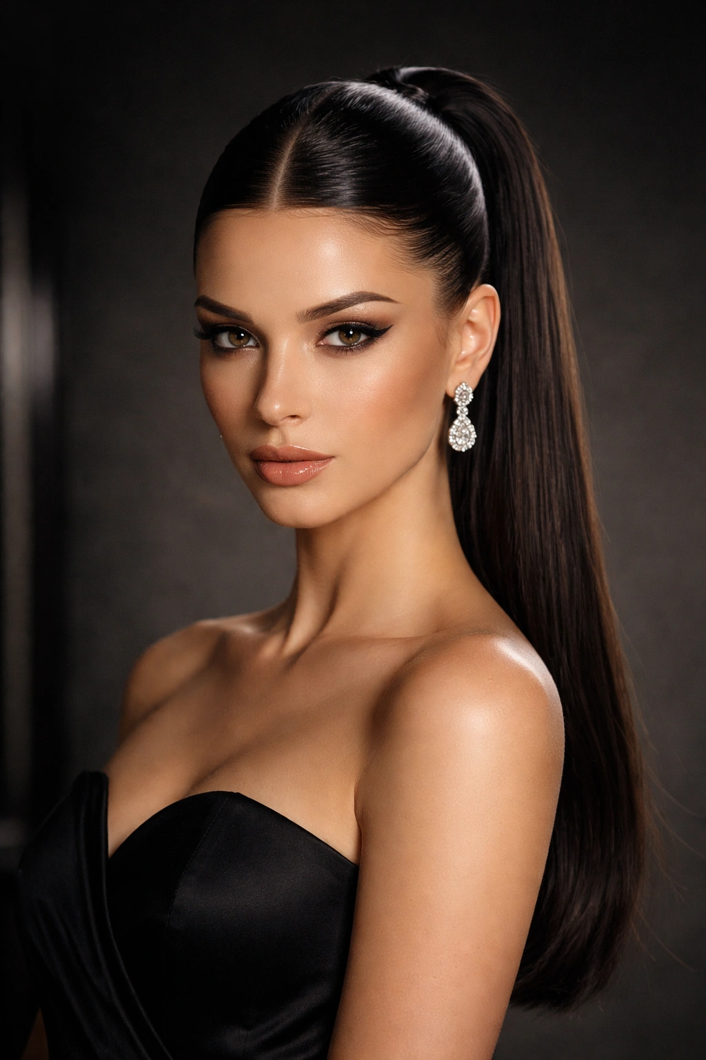 Graphic black tie ponytail with razor-sharp center part and precise ponytail