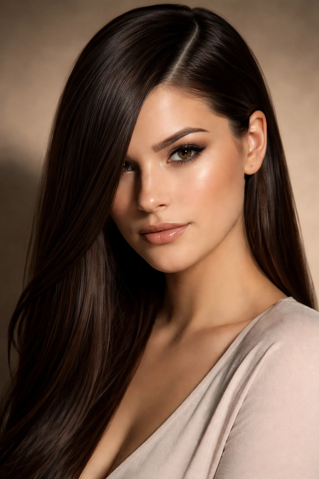 Graphic deep side part with sleek straight hair showing strong part line