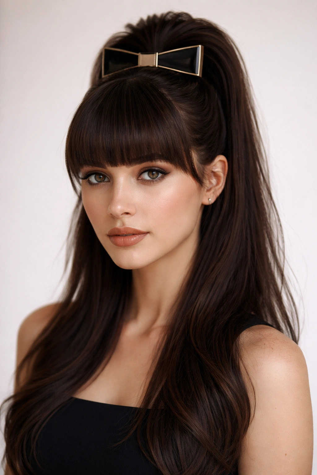 Graphic tie-up half-up hairstyle with blunt bangs