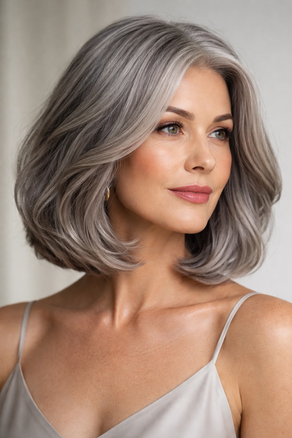 Gray blunt bob at shoulder length with internal waves