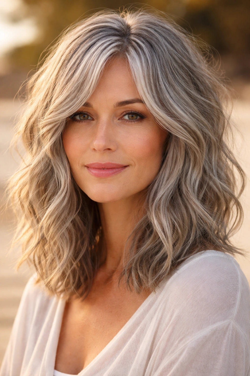 Gray hair with beachy waves and textured ends