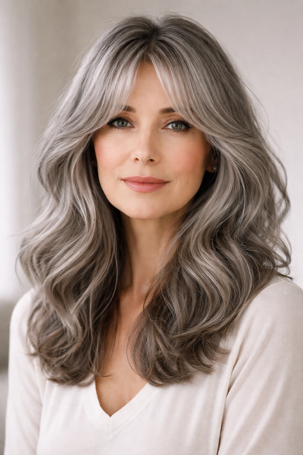Gray hair with curtain bangs and flowing waves