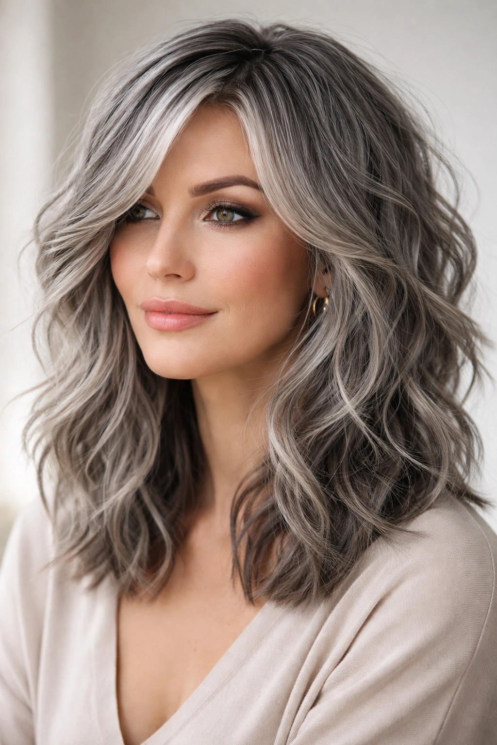 Gray hair piecy waves with disconnected layers