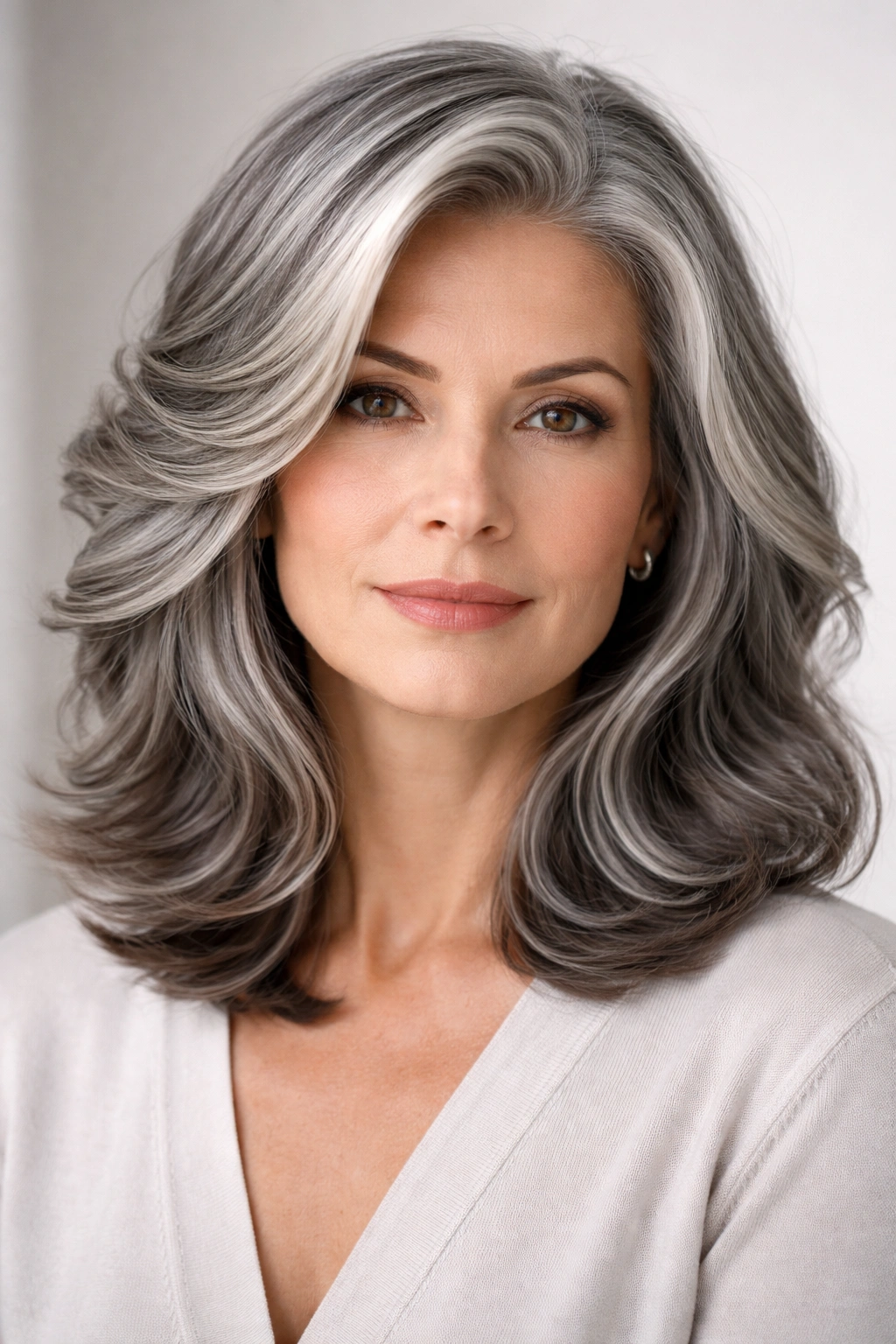 Gray hair with sculpted waves and precise layers