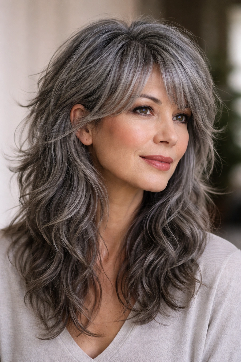Gray hair with short top layers and longer waves in a shaggy mullet-inspired style