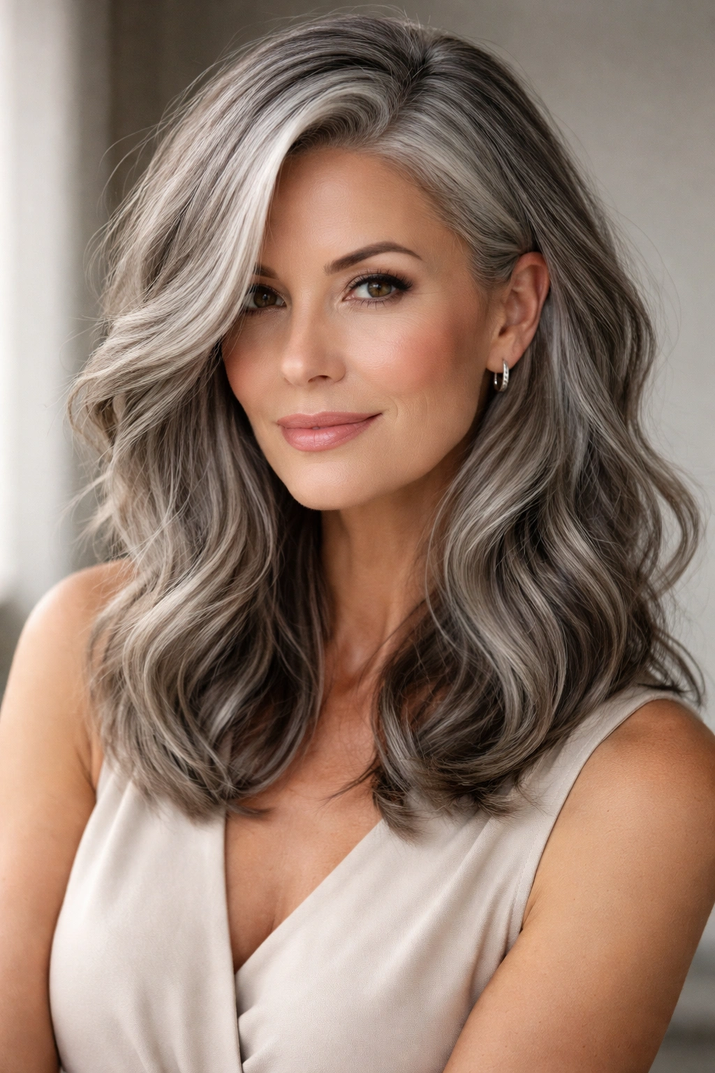 Side-parted gray waves with longer front pieces