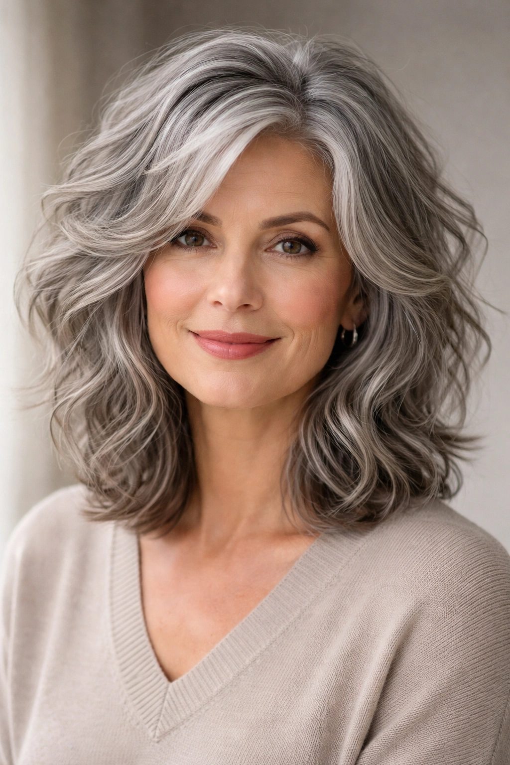 Gray shoulder-length hair with multiple shorter layers and textured waves