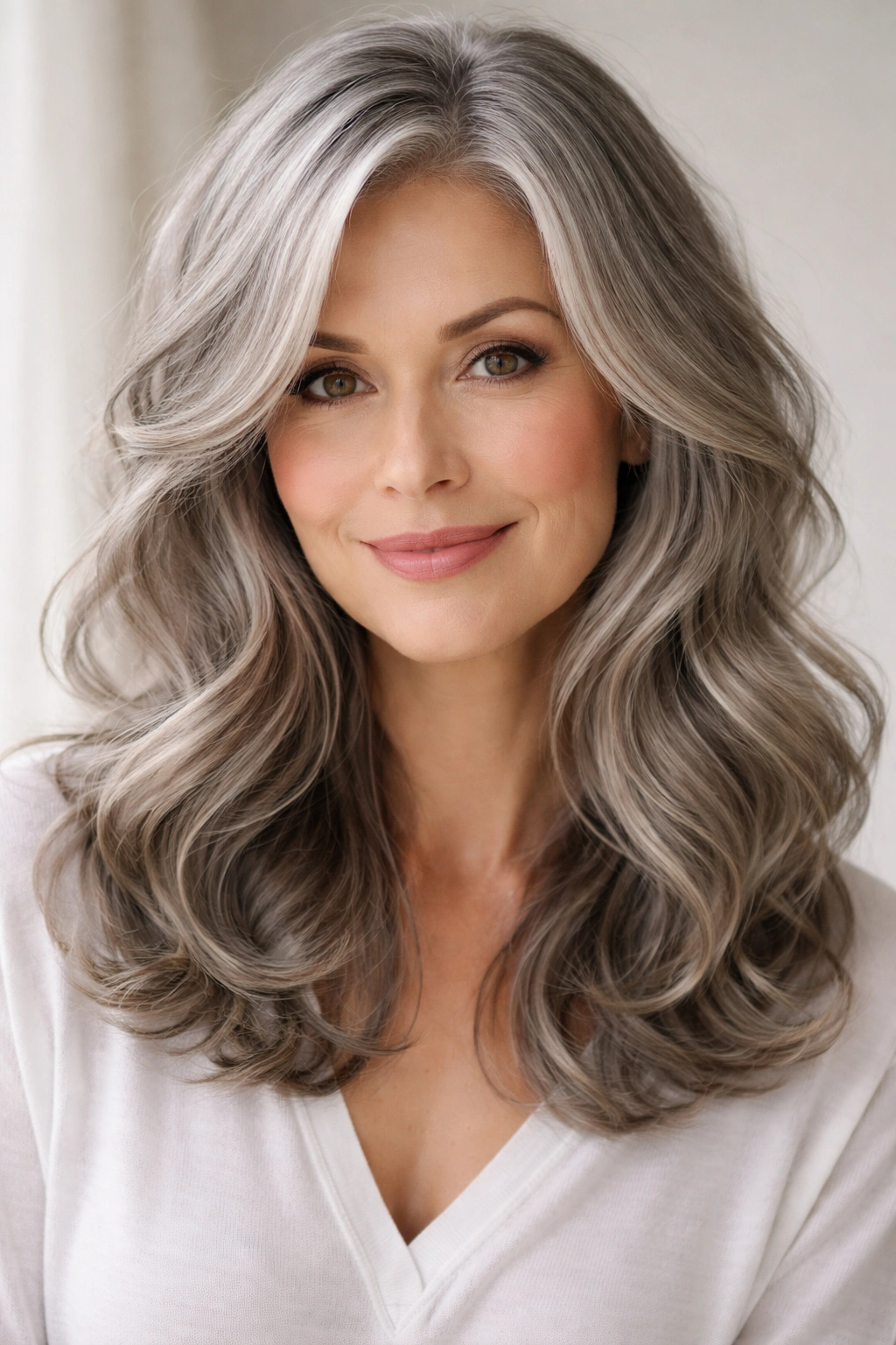 Close-up of gray shoulder-length hair with soft layers and loose waves