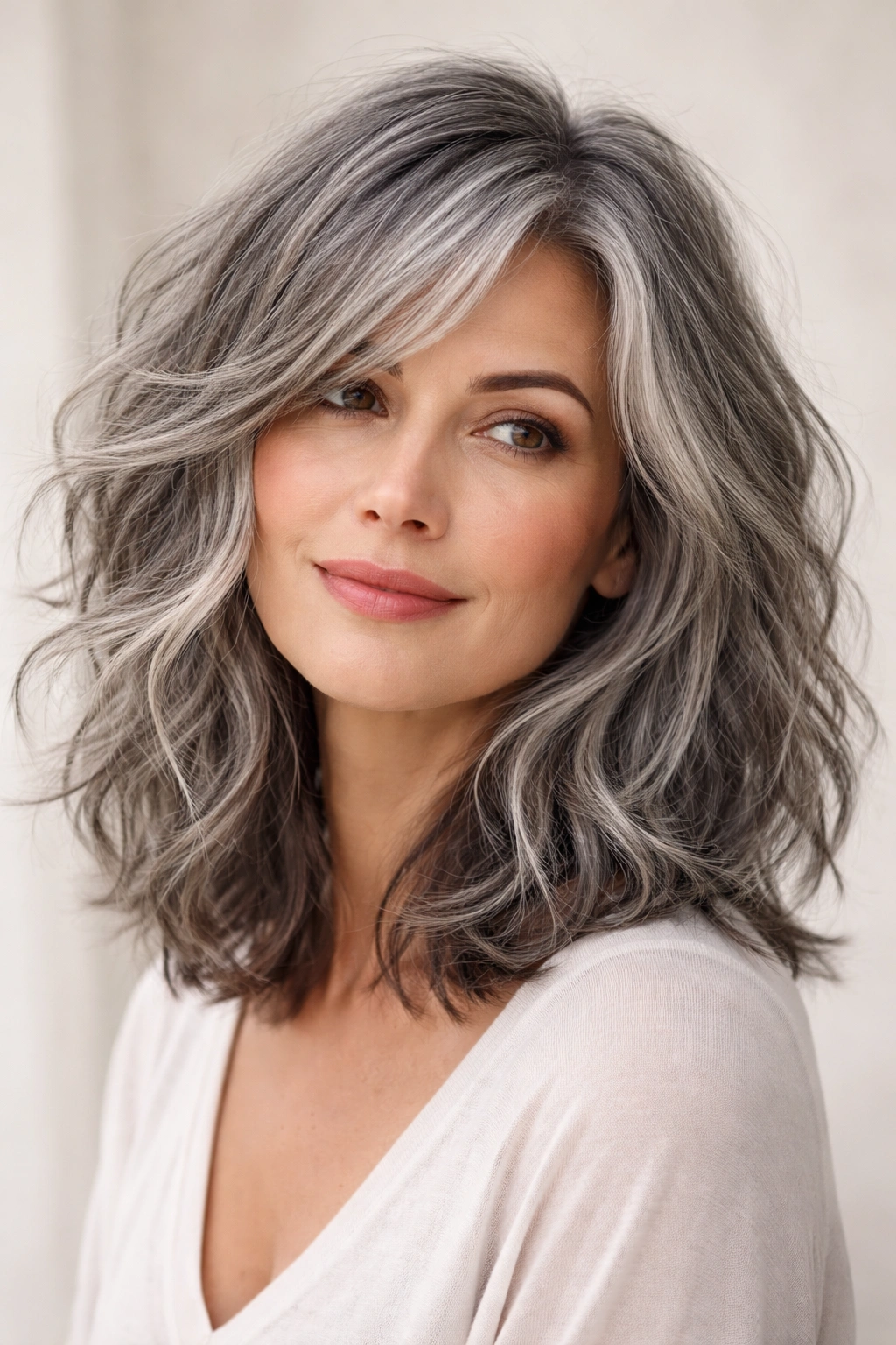 Close-up of shoulder-length gray hair with choppy layers and textured waves