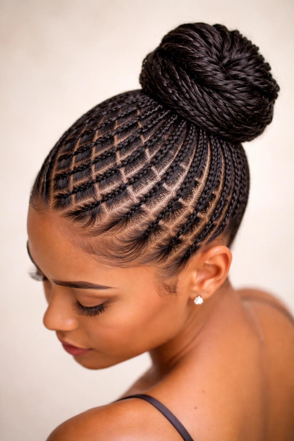 Top-front view of Geometric Grid Cornrow Bun showing grid pattern