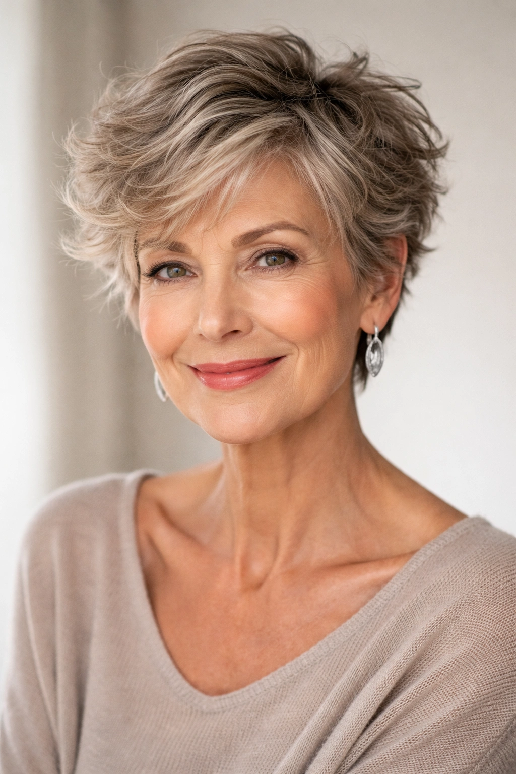 Grown-out pixie with tousled waves hairstyle on a mature woman