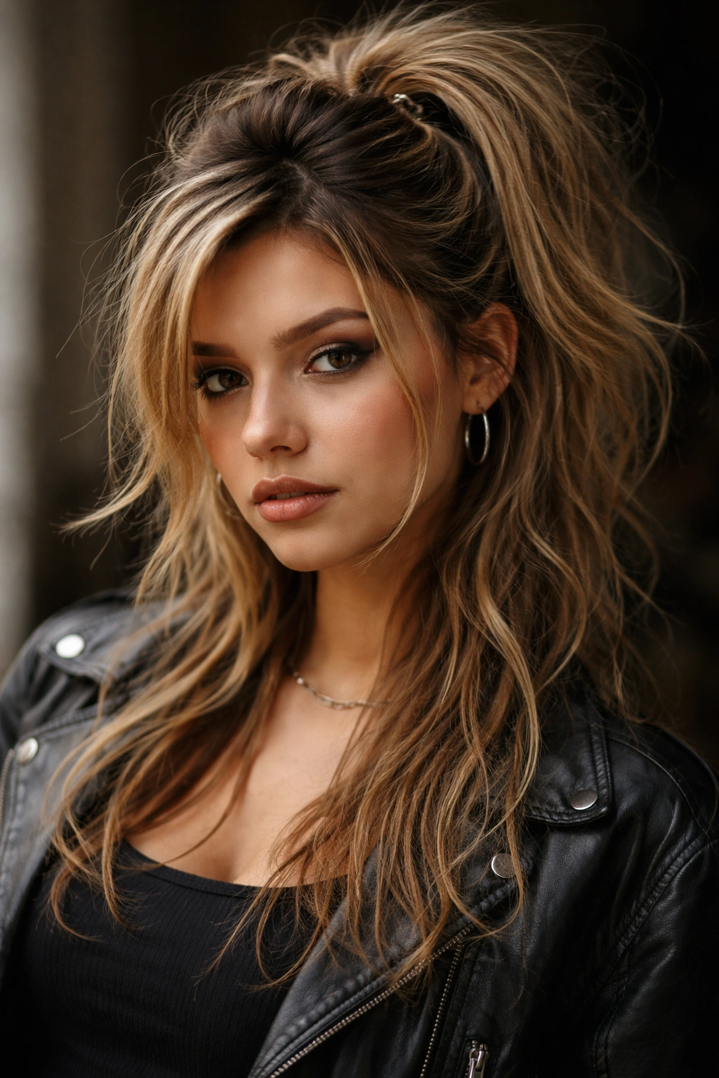 Portrait of a textured grunge swoop with flyaways and a casual, undone look