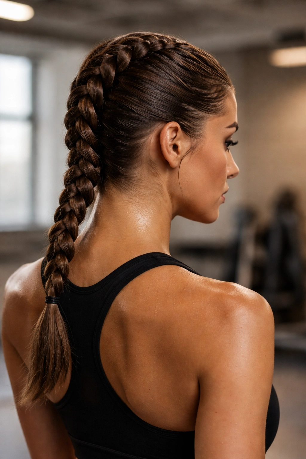 Single person with a tight French braid pulling hair off the face in a gym setting